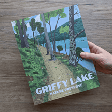 Load image into Gallery viewer, A hand holding the Griffy Lake Nature Preserve art print to show scale.