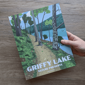 A hand holding the Griffy Lake Nature Preserve art print to show scale.