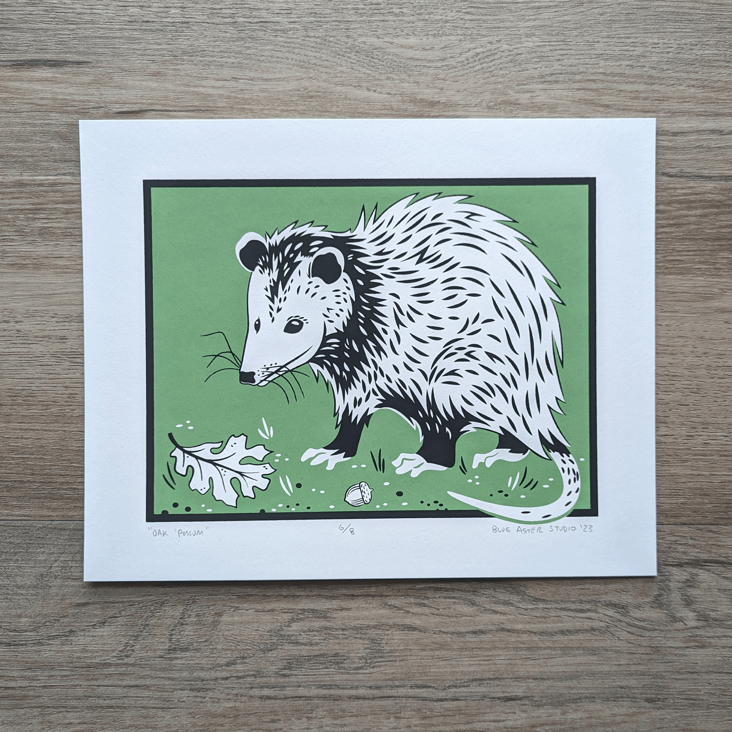 Screen printed art on 8x10 paper. An opossum stands against a green background with an oak leaf and acorn lying near it.