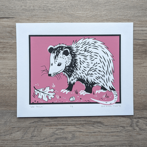 Screen printed art on 8x10 paper. An opossum stands against a pink background with an oak leaf and acorn lying near it.