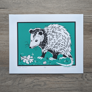 Screen printed art on 8x10 paper. An opossum stands against a teal background with an oak leaf and acorn lying near it.