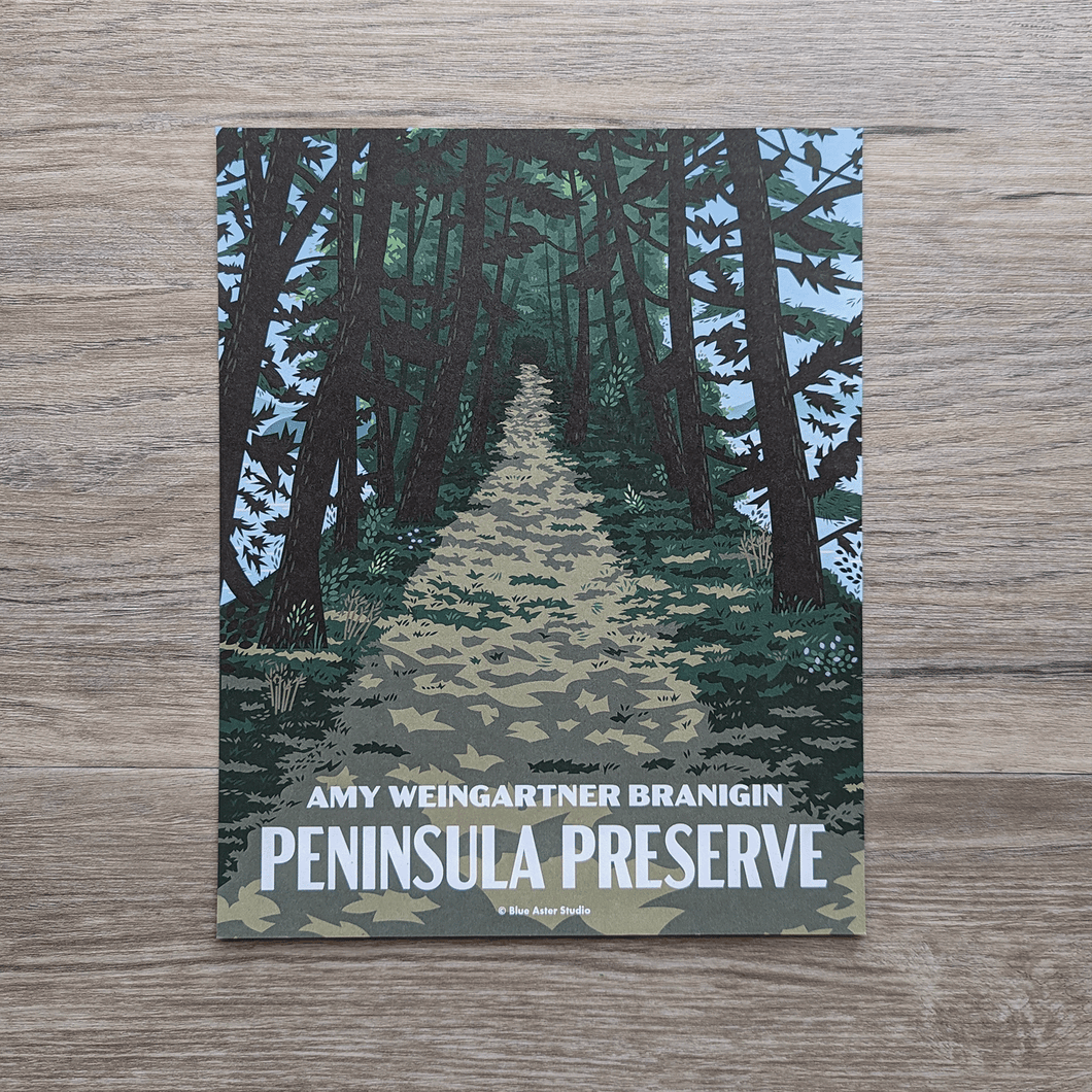 An art print featuring an illustration of the Amy Weingartner Branigin Peninsula Preserve Trail. It is a trail with trees on either side with dappled sunlight coming through the trees. Past the trees you see Lake Monroe on either side of the trail.