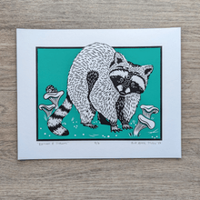 Load image into Gallery viewer, An illustration of a raccoon in a patch of chanterelle mushrooms with a teal background. This is an original Blue Aster Studio screen print that is signed and numbered.