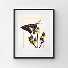 Load image into Gallery viewer, A screen print of a silver-spotted skipper butterfly perched on the seed heads of a foxglove beardtongue.